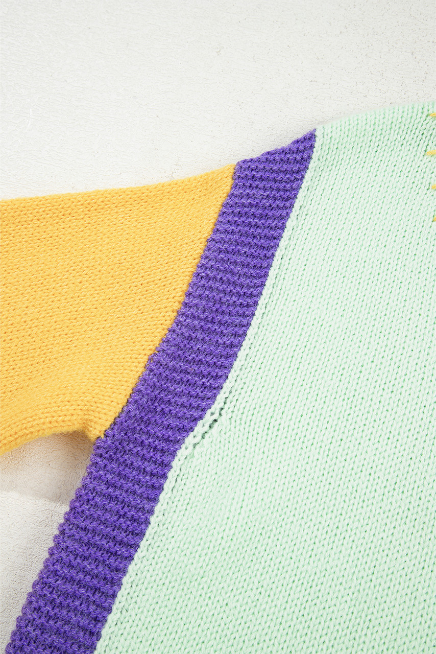 Green Stitched V Neck Color Block Knitted Drop Shoulder Sweater