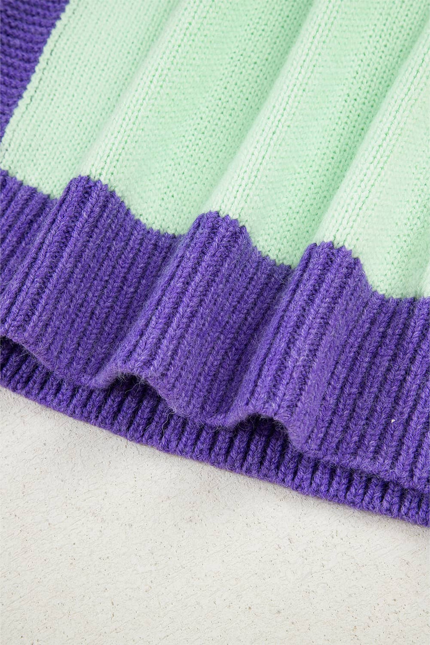 Green Stitched V Neck Color Block Knitted Drop Shoulder Sweater