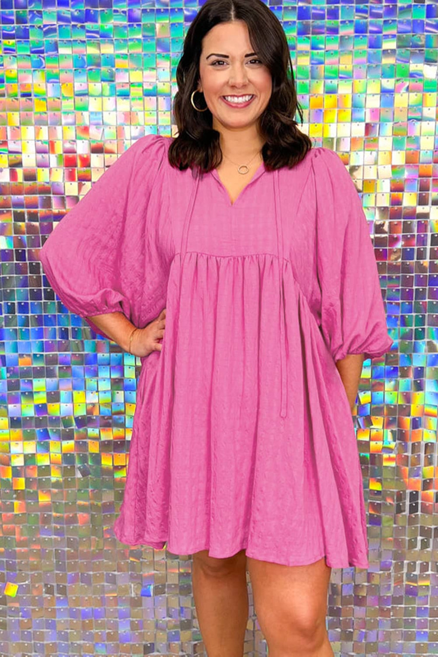 Sachet Pink Plus Size Textured Tie Split Neck Puff Sleeve Flowy Mini Dress