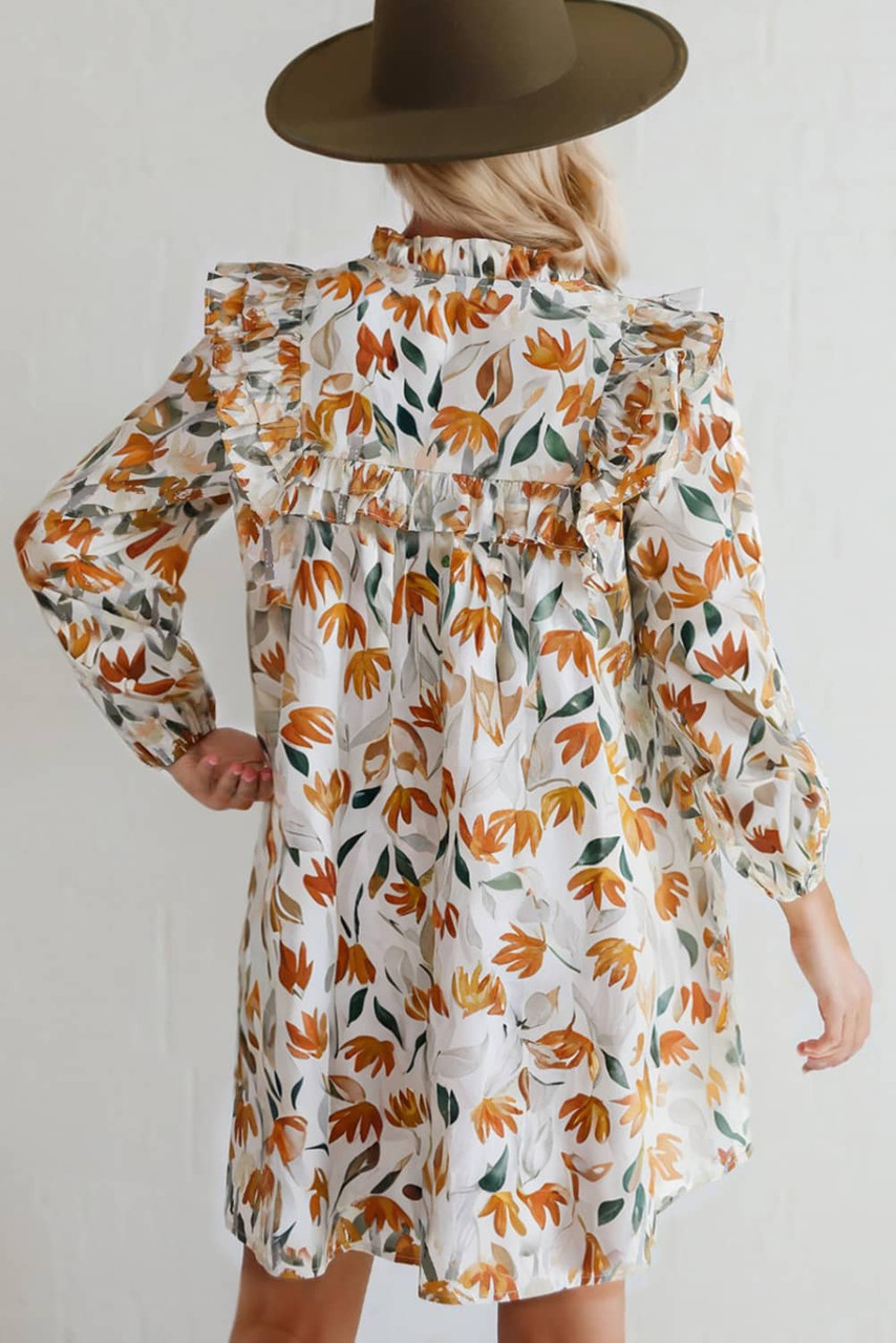 Yellow Floral Print Tie Neck Frilled Detail Long Sleeve Mini Dress Yellow Floral Print Tie Neck Frilled Detail Long Sleeve Mini Dress