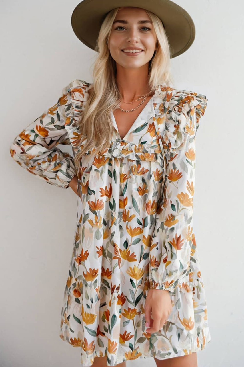Yellow Floral Print Tie Neck Frilled Detail Long Sleeve Mini Dress Yellow Floral Print Tie Neck Frilled Detail Long Sleeve Mini Dress