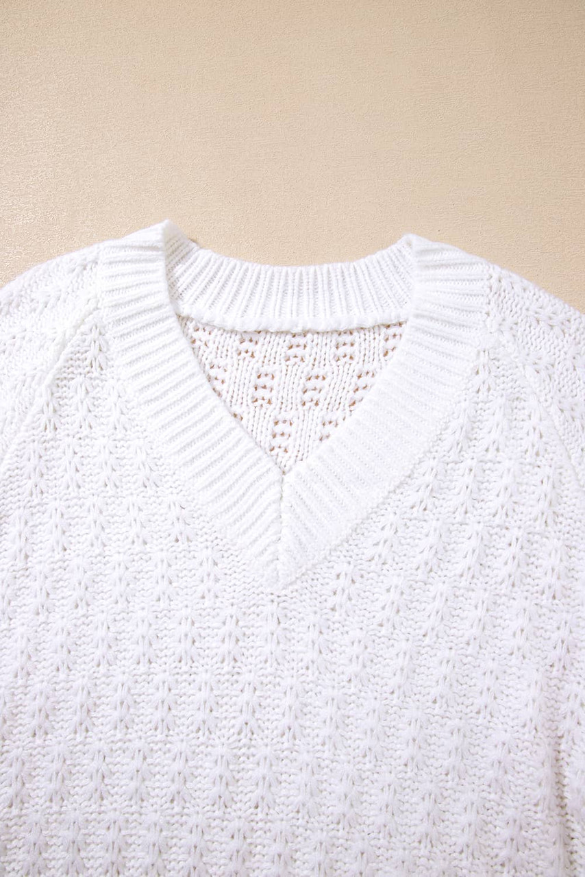 White Textured Knit Ribbed Edge V Neck Loose Sweater