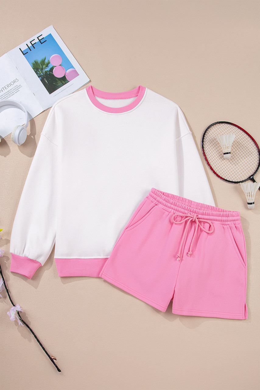 Strawberry Pink Color Block Pullover and Lace-up Elastic Waist Shorts Set Strawberry Pink Color Block Pullover and Lace-up Elastic Waist Shorts Set