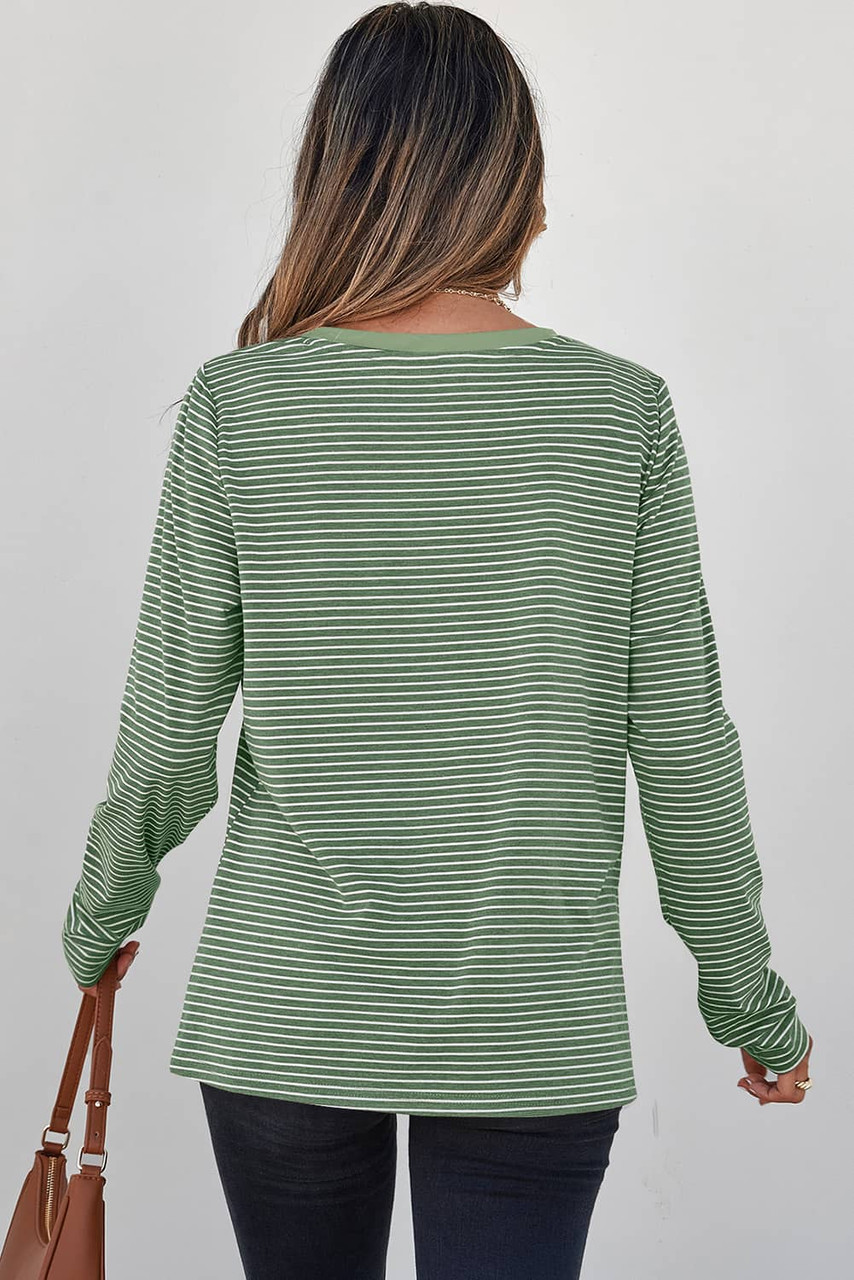 Green Stripe V Neck Stretchy Long Sleeve Top
