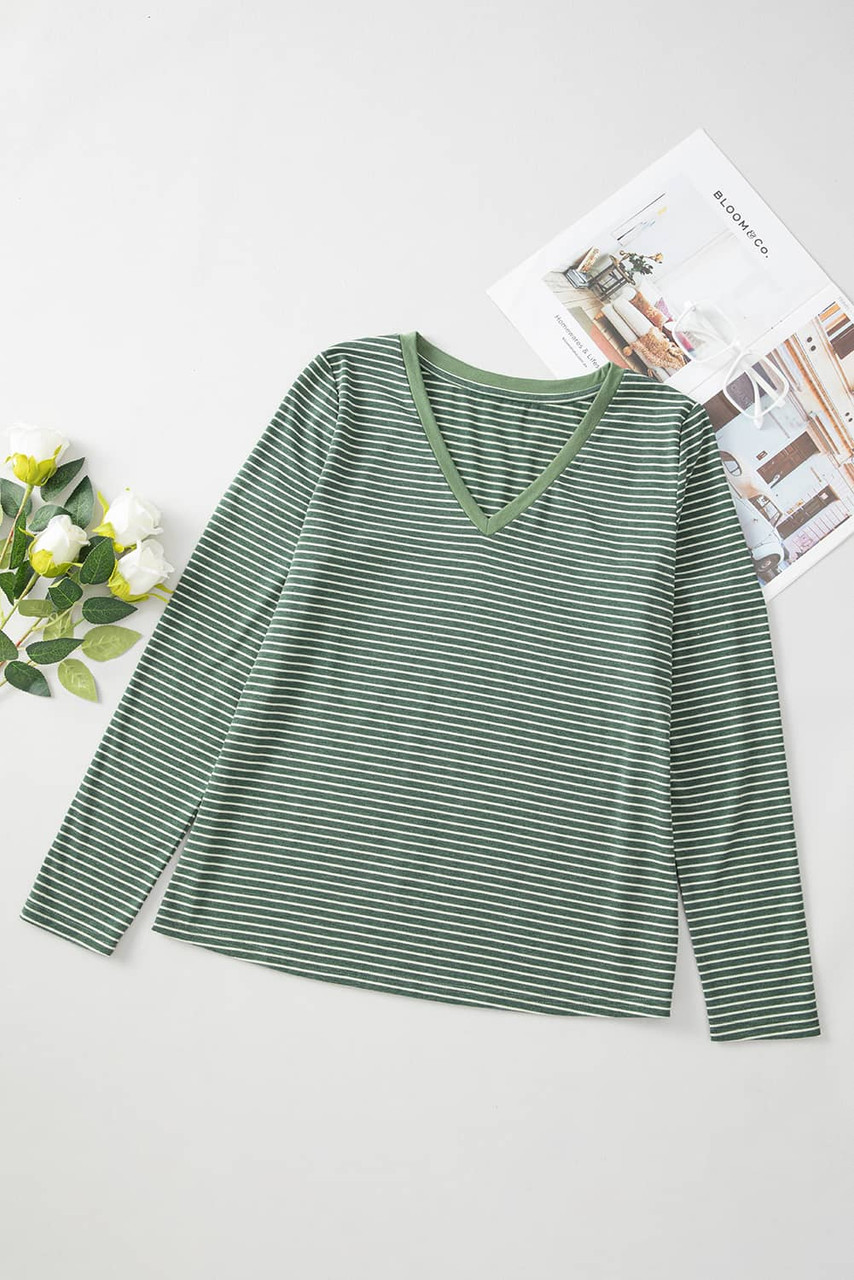Green Stripe V Neck Stretchy Long Sleeve Top