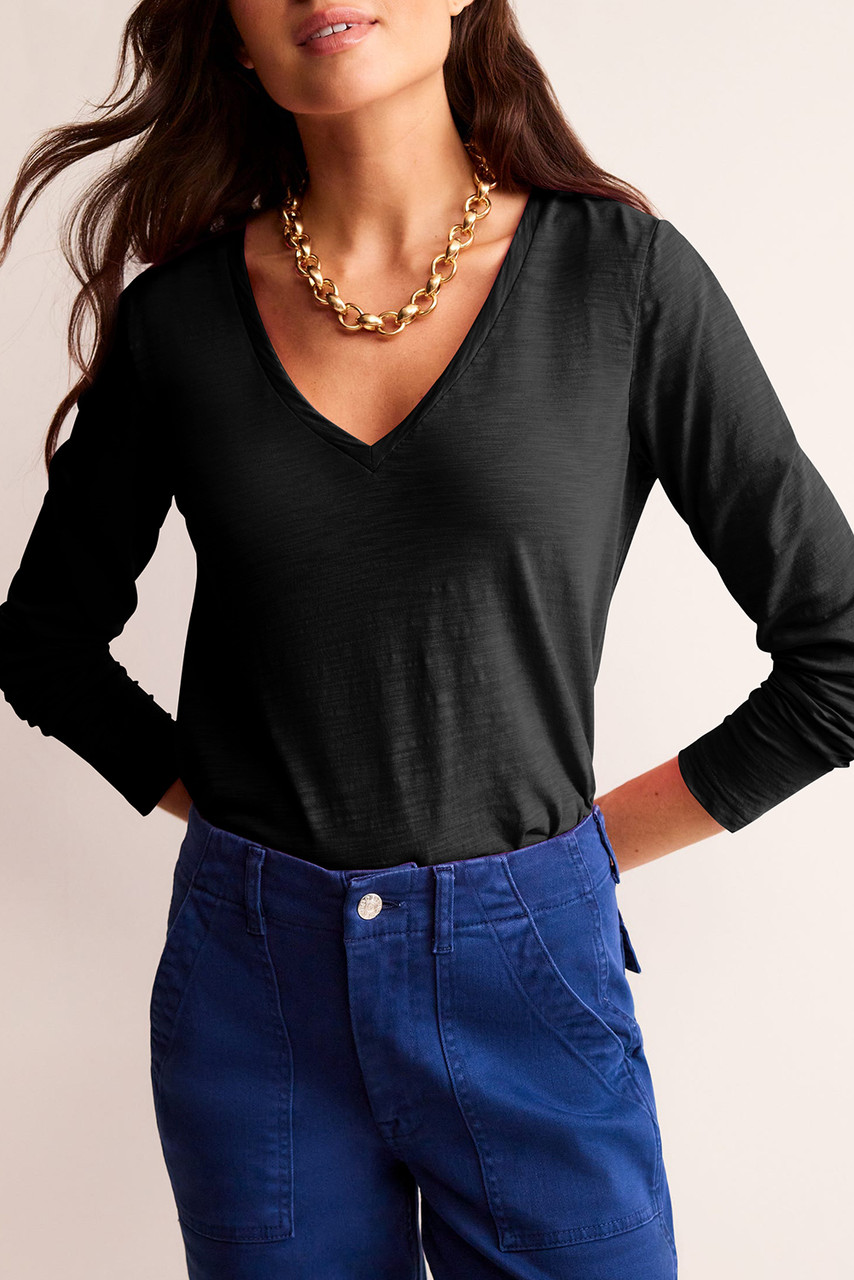 Black Solid Color V Neck Long Sleeve Stretchy Top