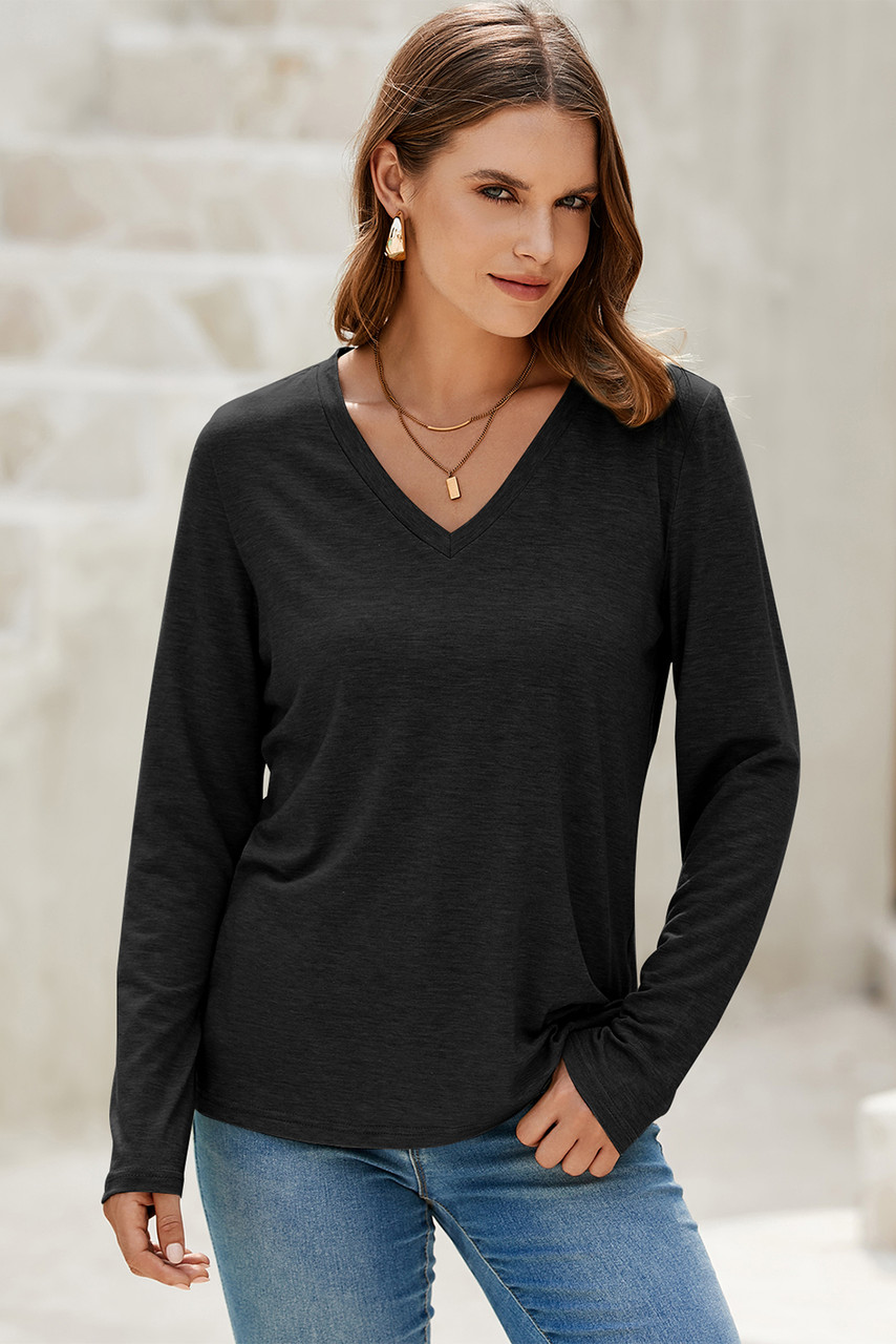 Black Solid Color V Neck Long Sleeve Stretchy Top
