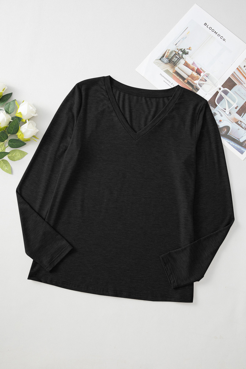Black Solid Color V Neck Long Sleeve Stretchy Top
