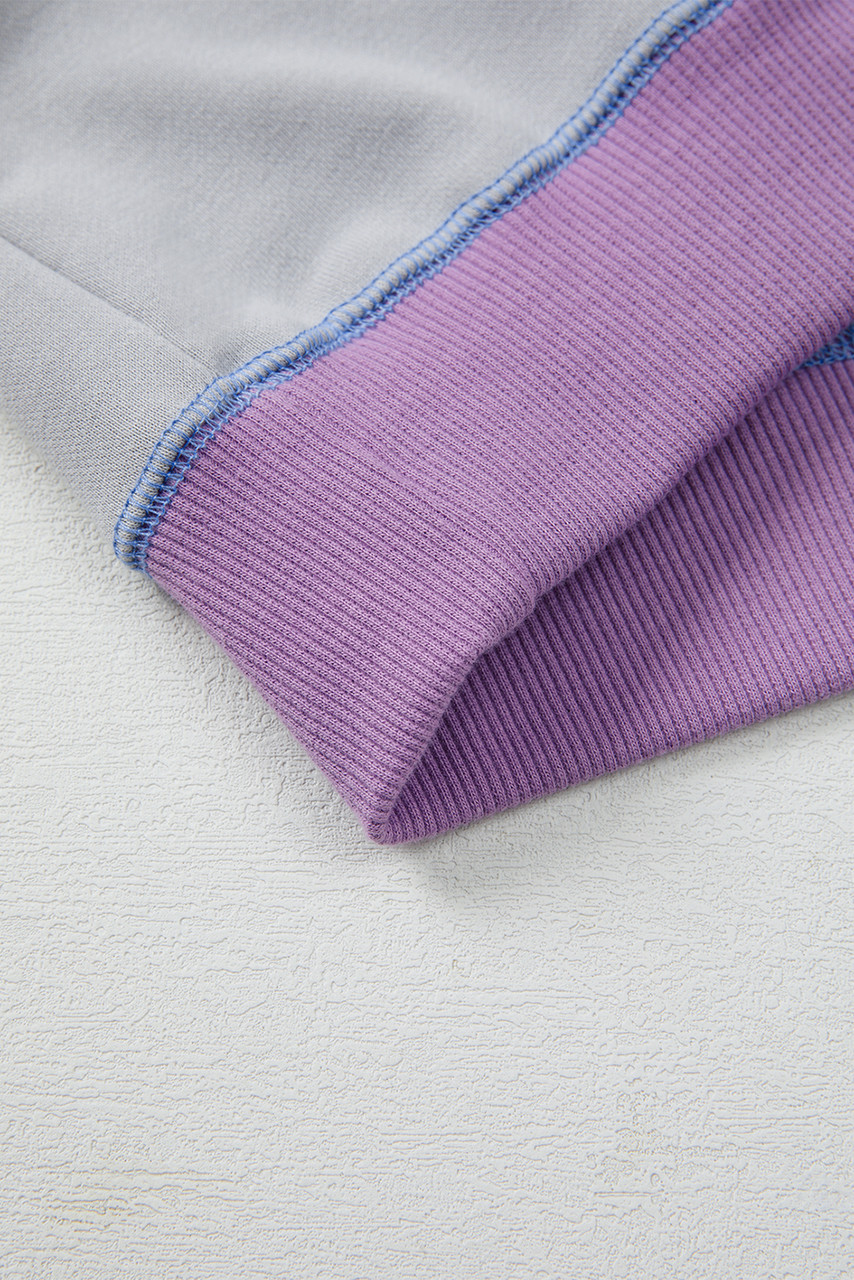 Blue Exposed Seam Colorblock Patchwork Ribbed Trim Pullover Sweatshirt