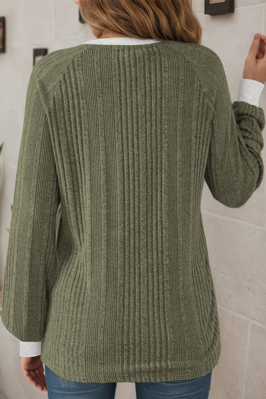 Moss Green Ribbed Contrast Cuffed Round Neck Long Sleeve T Shirt