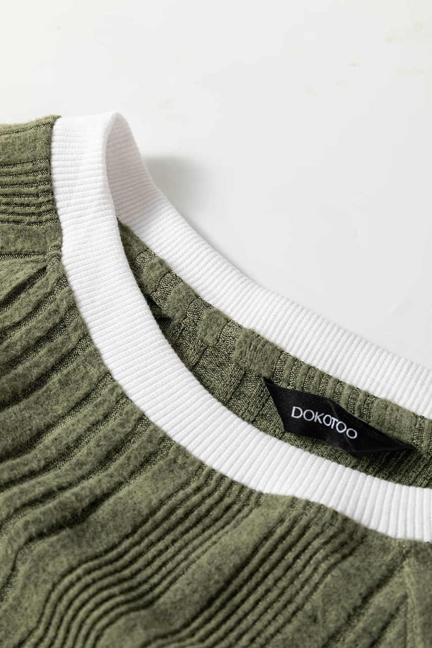 Moss Green Ribbed Contrast Cuffed Round Neck Long Sleeve T Shirt