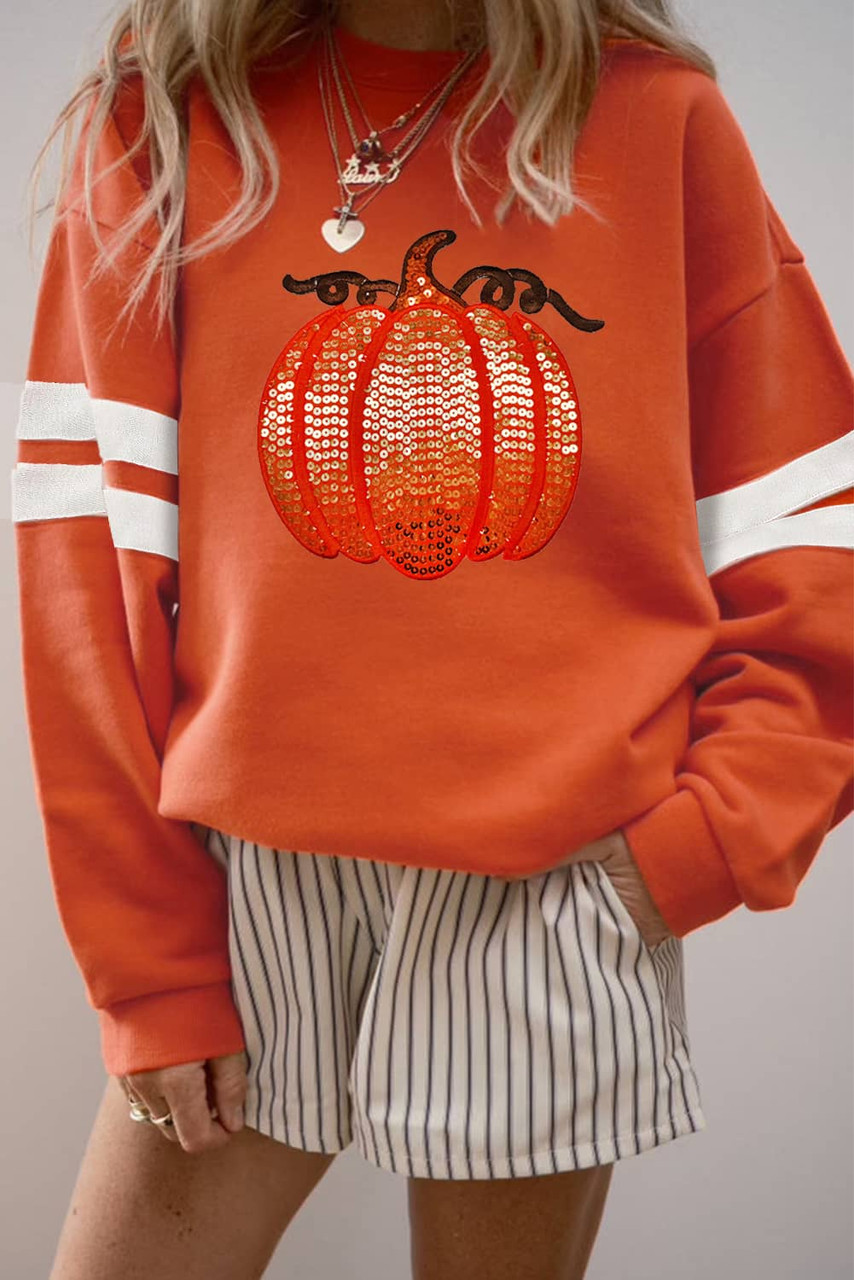 Orange Sequin Pumpkin Patched Oversize Varsity Sweatshirt