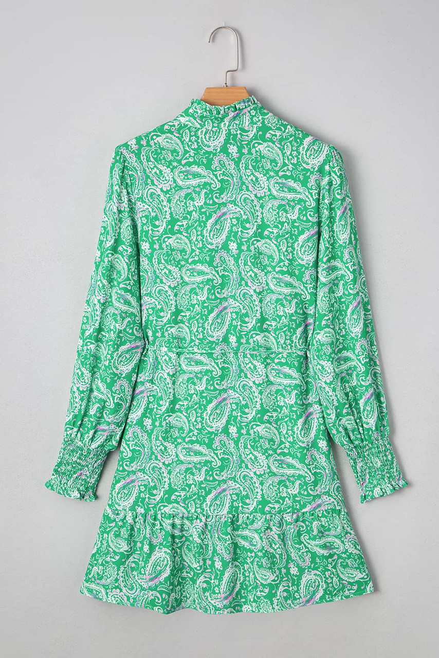 Green Paisley Print Long Sleeve Button Front Tied Waist Mini Dress