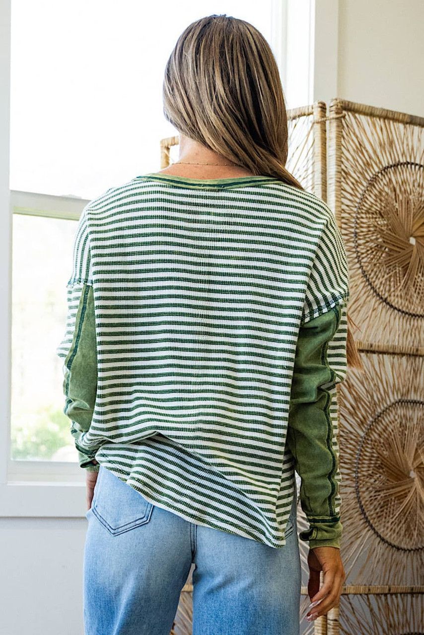 Green Stripe Thermal Knit Drop Shoulder Casual Top