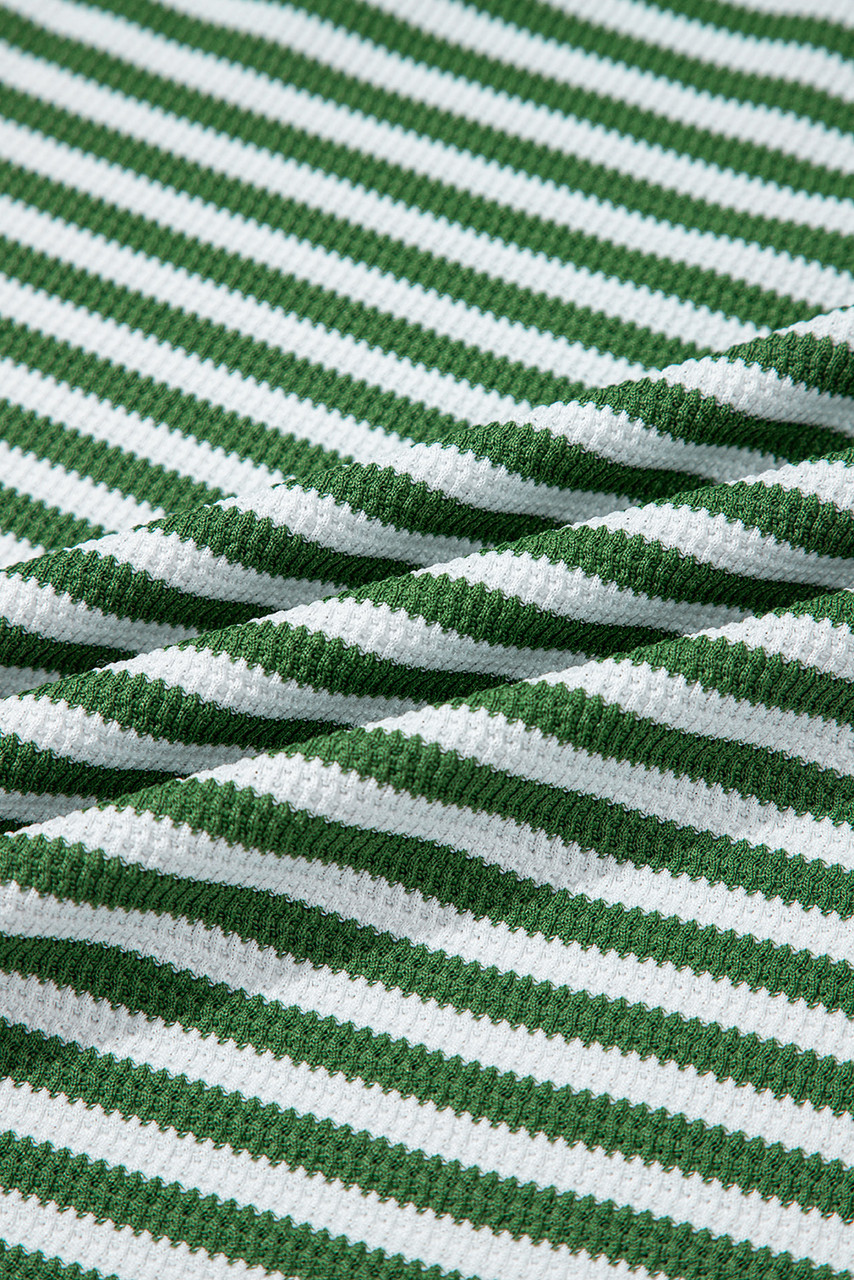 Green Stripe Thermal Knit Drop Shoulder Casual Top