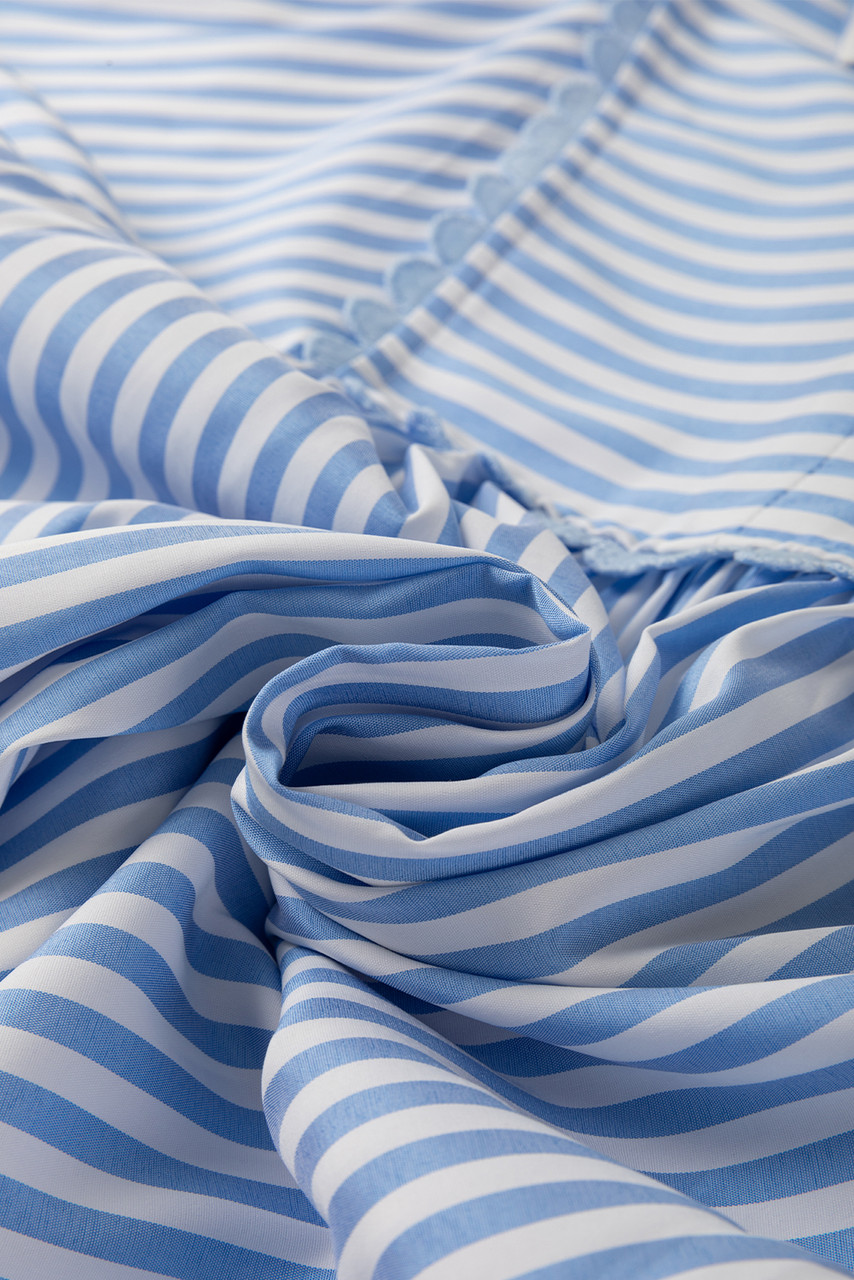 Sky Blue Stripe Shirt Collar V Neck Ricrac Trim 3/4 Puff Sleeve Blouse