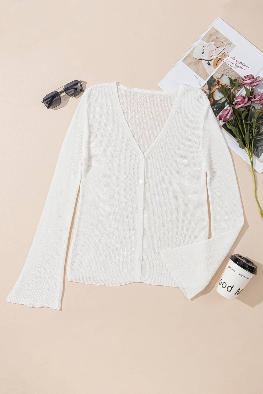 White Lightweight V Neck Button Front Bell Sleeve Cardigan Sweater