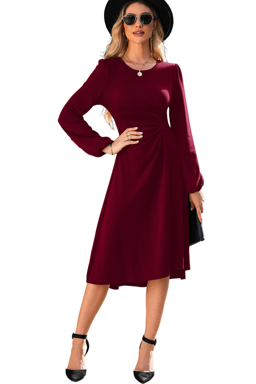 Burgundy Solid Color Ruched Detail Long Sleeve Midi Dress