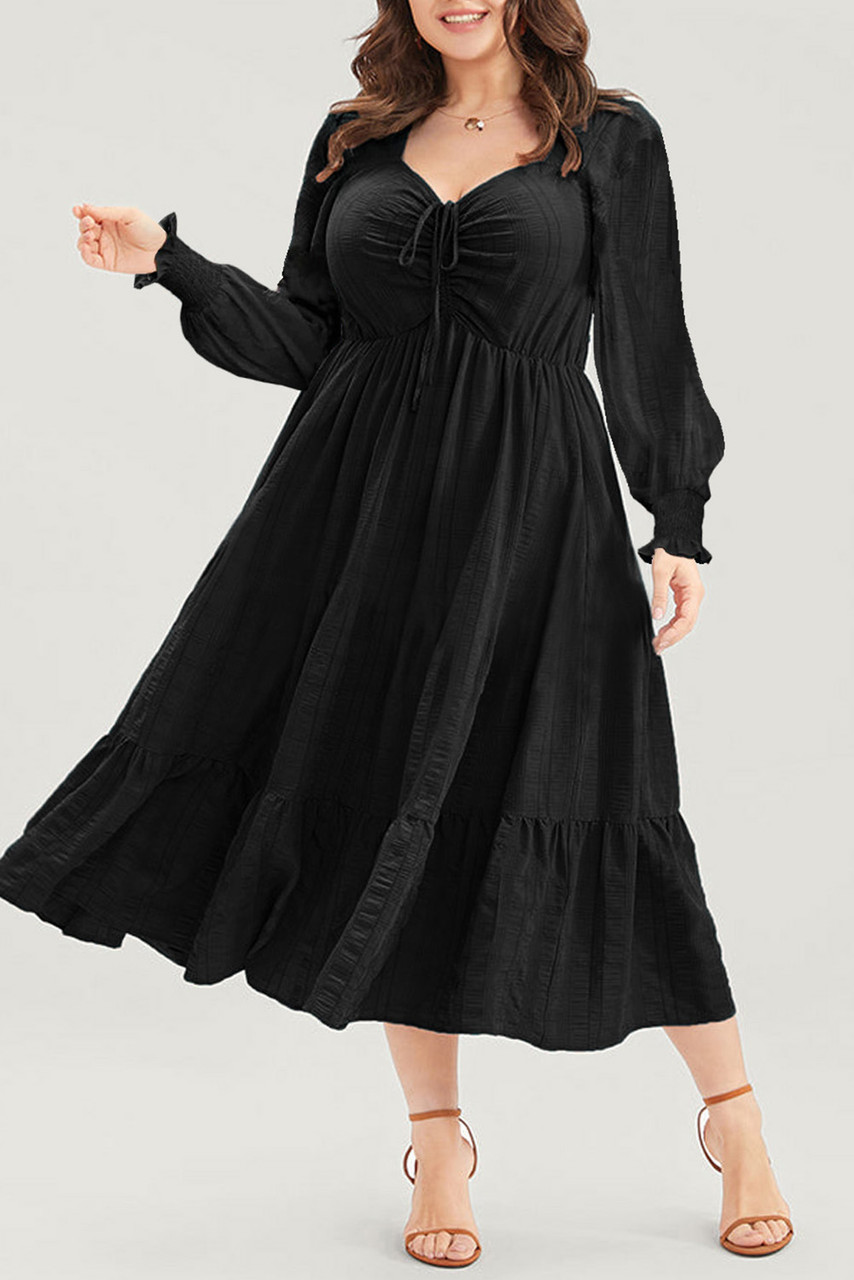 Black Lace-up Ruched Front Long Sleeve Ruffle Hem Plus Size Midi Dress Black Lace-up Ruched Front Long Sleeve Ruffle Hem Plus Size Midi Dress