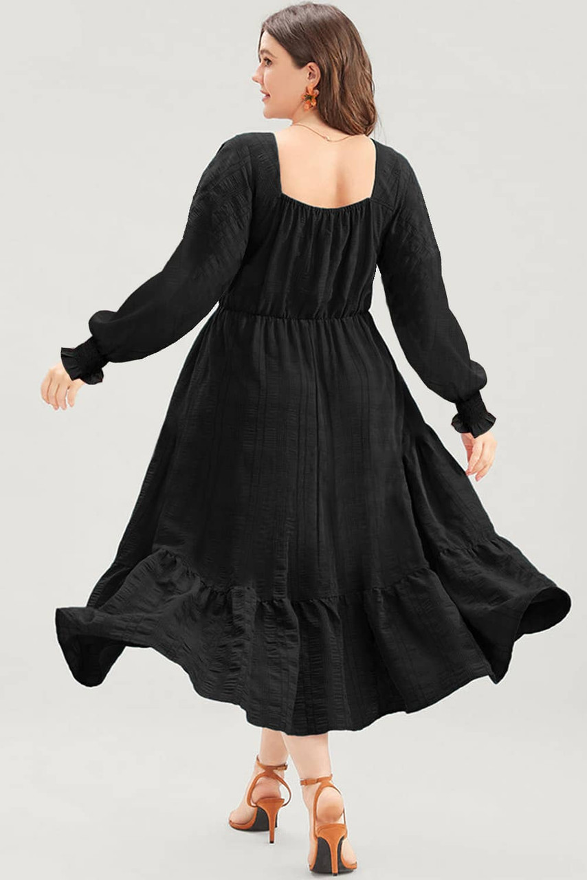 Black Lace-up Ruched Front Long Sleeve Ruffle Hem Plus Size Midi Dress Black Lace-up Ruched Front Long Sleeve Ruffle Hem Plus Size Midi Dress