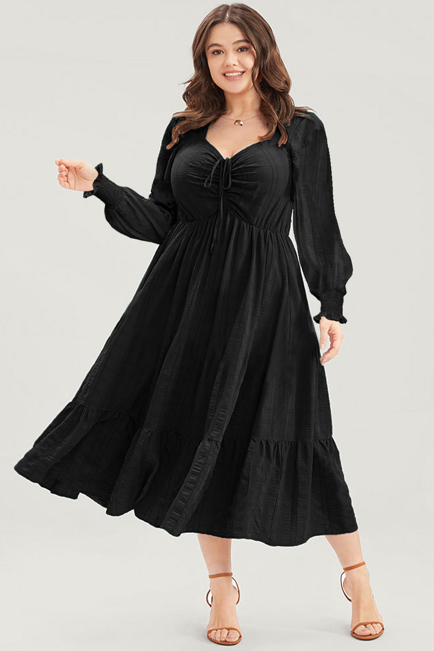 Black Lace-up Ruched Front Long Sleeve Ruffle Hem Plus Size Midi Dress Black Lace-up Ruched Front Long Sleeve Ruffle Hem Plus Size Midi Dress