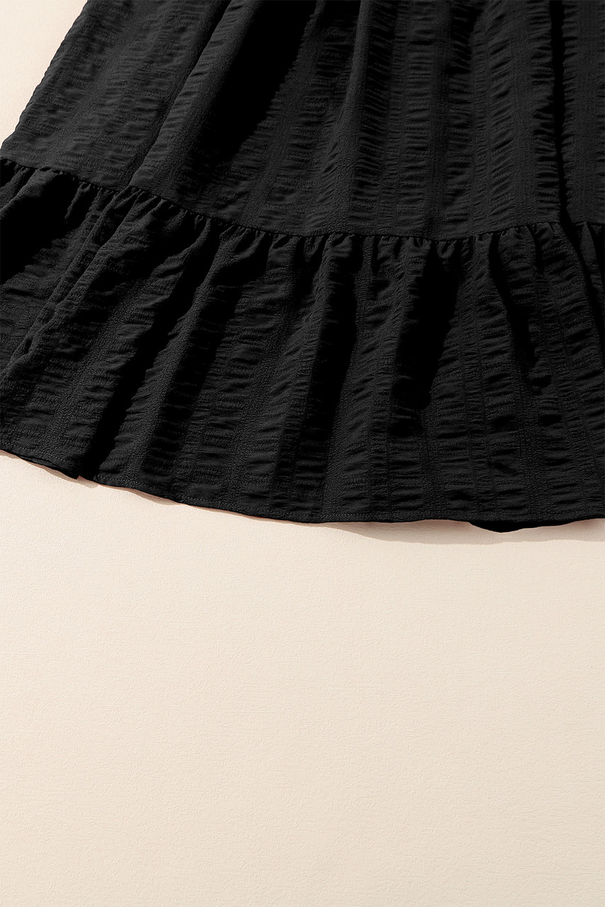 Black Lace-up Ruched Front Long Sleeve Ruffle Hem Plus Size Midi Dress Black Lace-up Ruched Front Long Sleeve Ruffle Hem Plus Size Midi Dress