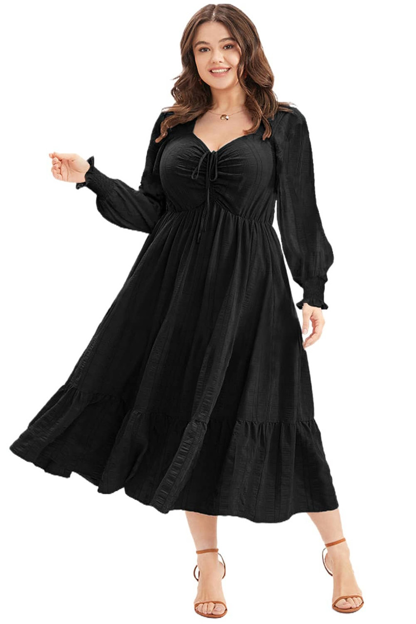 Black Lace-up Ruched Front Long Sleeve Ruffle Hem Plus Size Midi Dress Black Lace-up Ruched Front Long Sleeve Ruffle Hem Plus Size Midi Dress