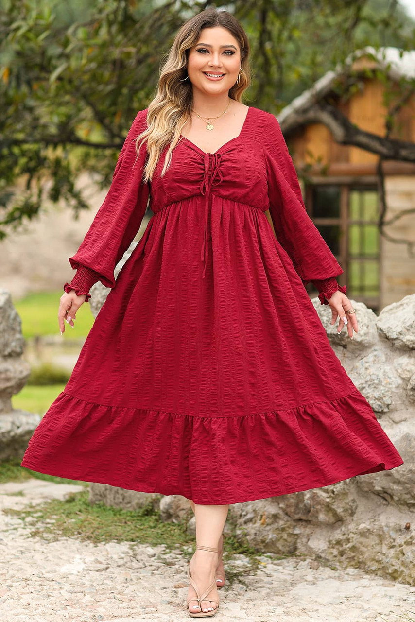 Fiery Red Lace-up Ruched Front Long Sleeve Ruffle Hem Plus Size Midi Dress Fiery Red Lace-up Ruched Front Long Sleeve Ruffle Hem Plus Size Midi Dress