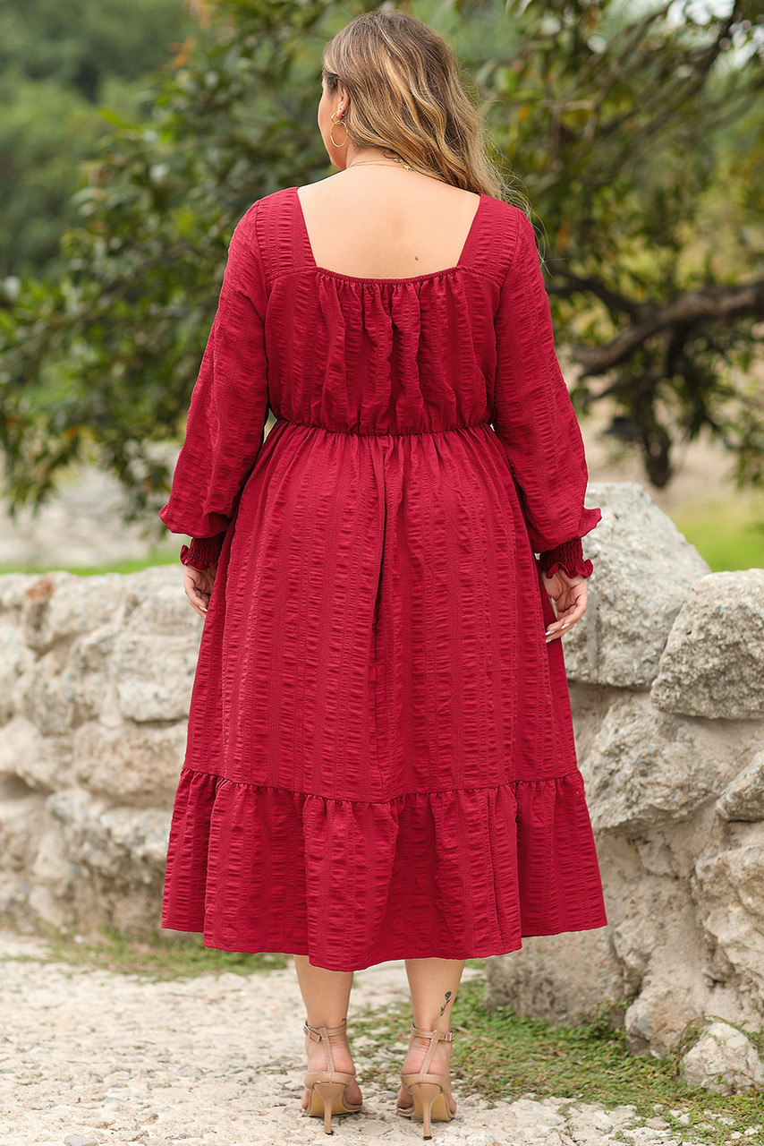 Fiery Red Lace-up Ruched Front Long Sleeve Ruffle Hem Plus Size Midi Dress Fiery Red Lace-up Ruched Front Long Sleeve Ruffle Hem Plus Size Midi Dress