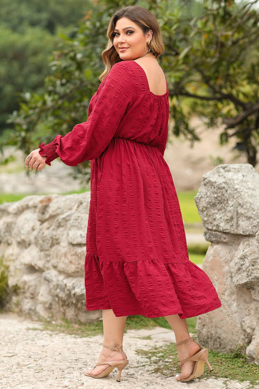 Fiery Red Lace-up Ruched Front Long Sleeve Ruffle Hem Plus Size Midi Dress Fiery Red Lace-up Ruched Front Long Sleeve Ruffle Hem Plus Size Midi Dress