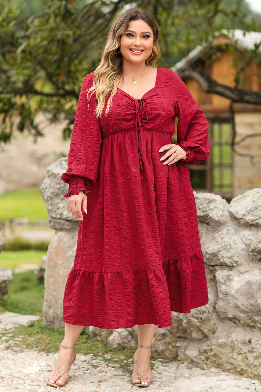 Fiery Red Lace-up Ruched Front Long Sleeve Ruffle Hem Plus Size Midi Dress Fiery Red Lace-up Ruched Front Long Sleeve Ruffle Hem Plus Size Midi Dress