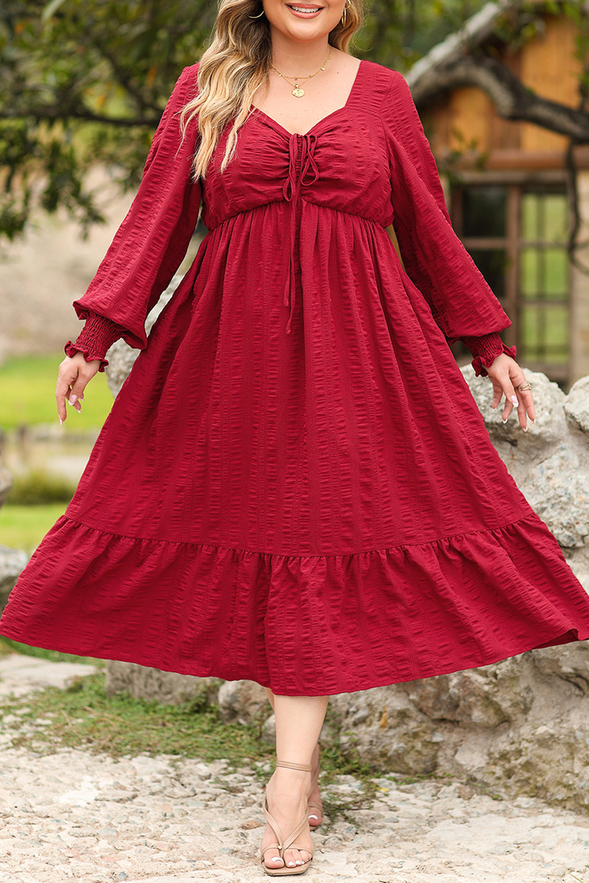 Fiery Red Lace-up Ruched Front Long Sleeve Ruffle Hem Plus Size Midi Dress Fiery Red Lace-up Ruched Front Long Sleeve Ruffle Hem Plus Size Midi Dress
