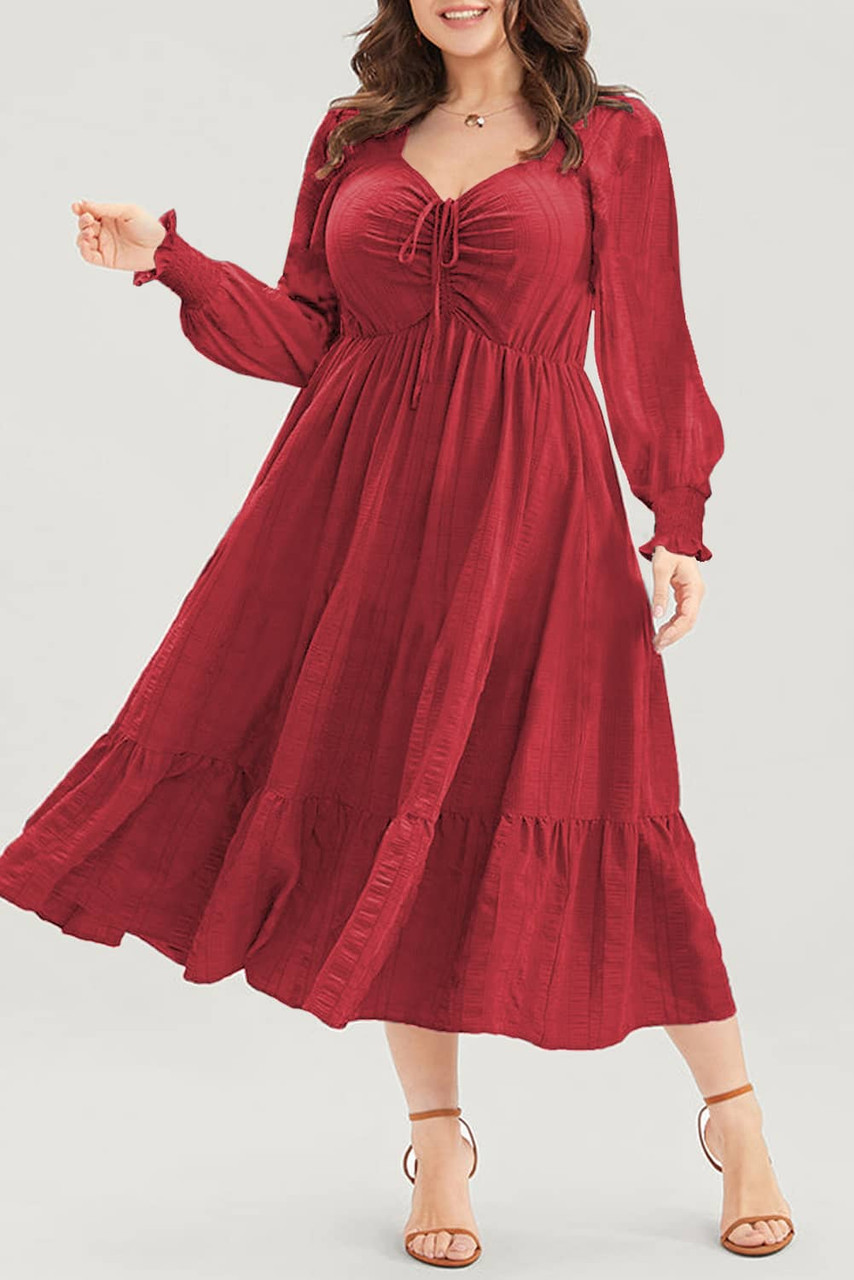Fiery Red Lace-up Ruched Front Long Sleeve Ruffle Hem Plus Size Midi Dress Fiery Red Lace-up Ruched Front Long Sleeve Ruffle Hem Plus Size Midi Dress