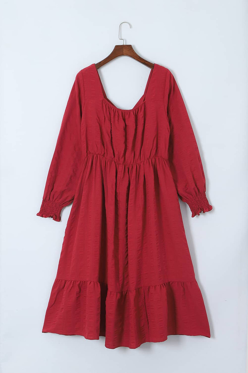 Fiery Red Lace-up Ruched Front Long Sleeve Ruffle Hem Plus Size Midi Dress Fiery Red Lace-up Ruched Front Long Sleeve Ruffle Hem Plus Size Midi Dress
