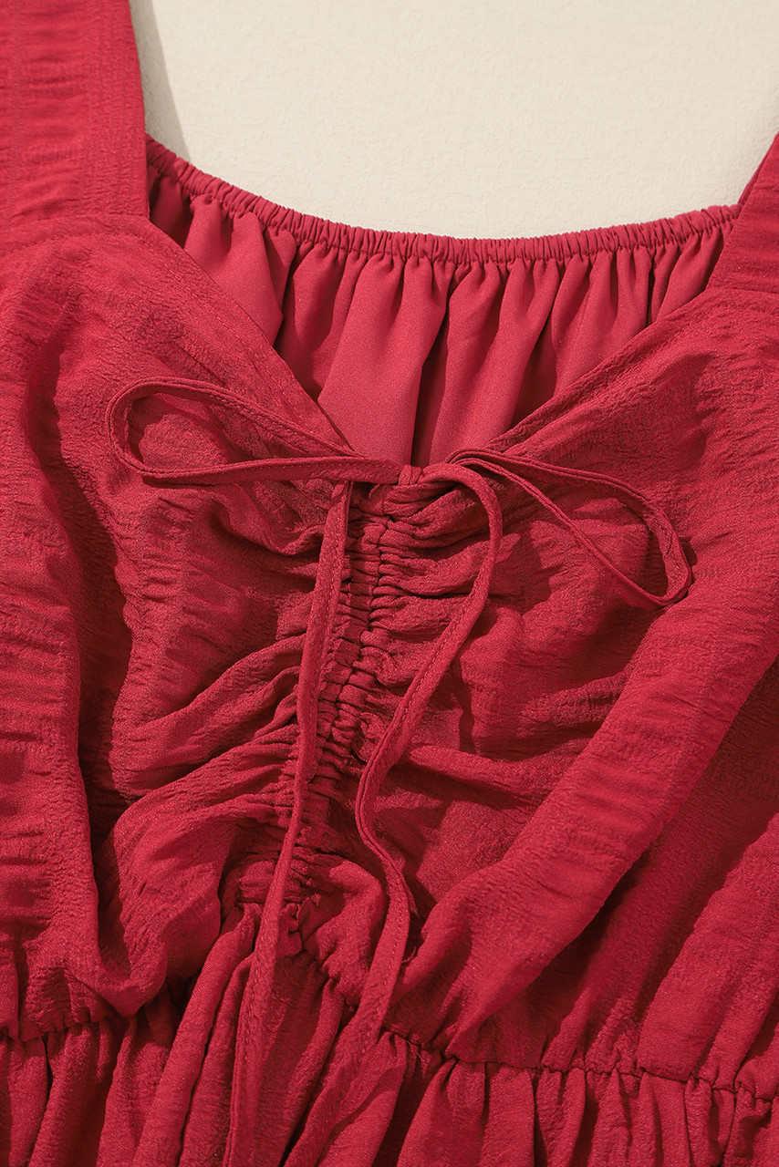 Fiery Red Lace-up Ruched Front Long Sleeve Ruffle Hem Plus Size Midi Dress Fiery Red Lace-up Ruched Front Long Sleeve Ruffle Hem Plus Size Midi Dress