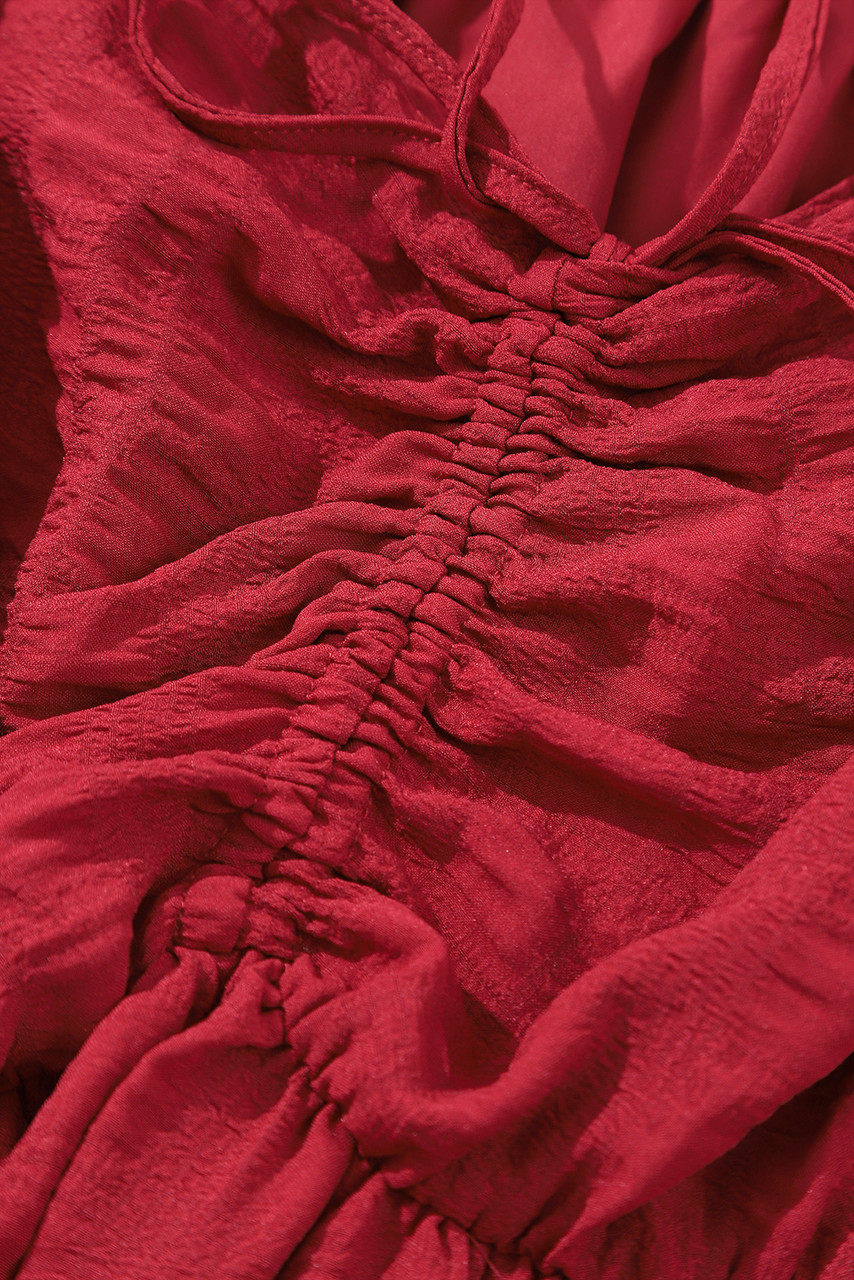 Fiery Red Lace-up Ruched Front Long Sleeve Ruffle Hem Plus Size Midi Dress Fiery Red Lace-up Ruched Front Long Sleeve Ruffle Hem Plus Size Midi Dress