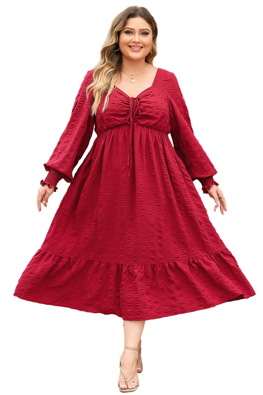 Fiery Red Lace-up Ruched Front Long Sleeve Ruffle Hem Plus Size Midi Dress Fiery Red Lace-up Ruched Front Long Sleeve Ruffle Hem Plus Size Midi Dress