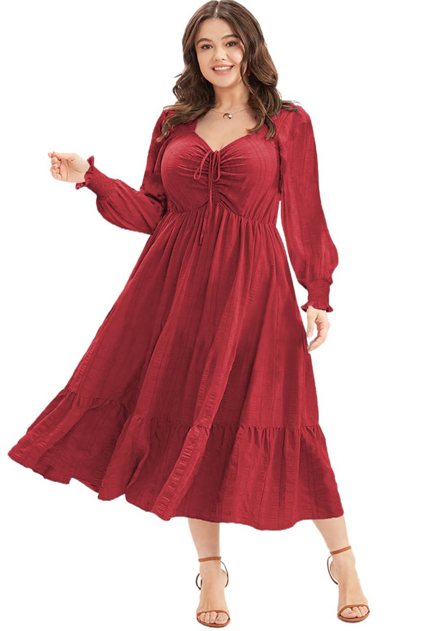 Fiery Red Lace-up Ruched Front Long Sleeve Ruffle Hem Plus Size Midi Dress Fiery Red Lace-up Ruched Front Long Sleeve Ruffle Hem Plus Size Midi Dress