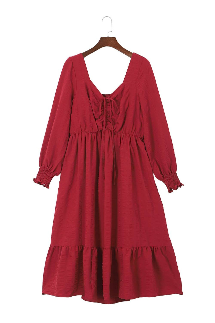 Fiery Red Lace-up Ruched Front Long Sleeve Ruffle Hem Plus Size Midi Dress Fiery Red Lace-up Ruched Front Long Sleeve Ruffle Hem Plus Size Midi Dress