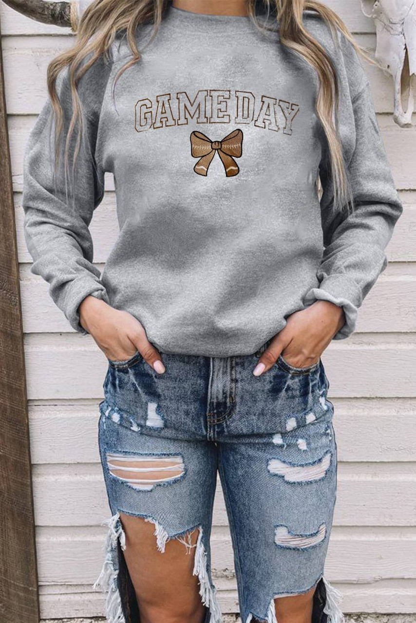 Gray GAME DAY Rugby Bow Embroidered Casual Sweatshirt