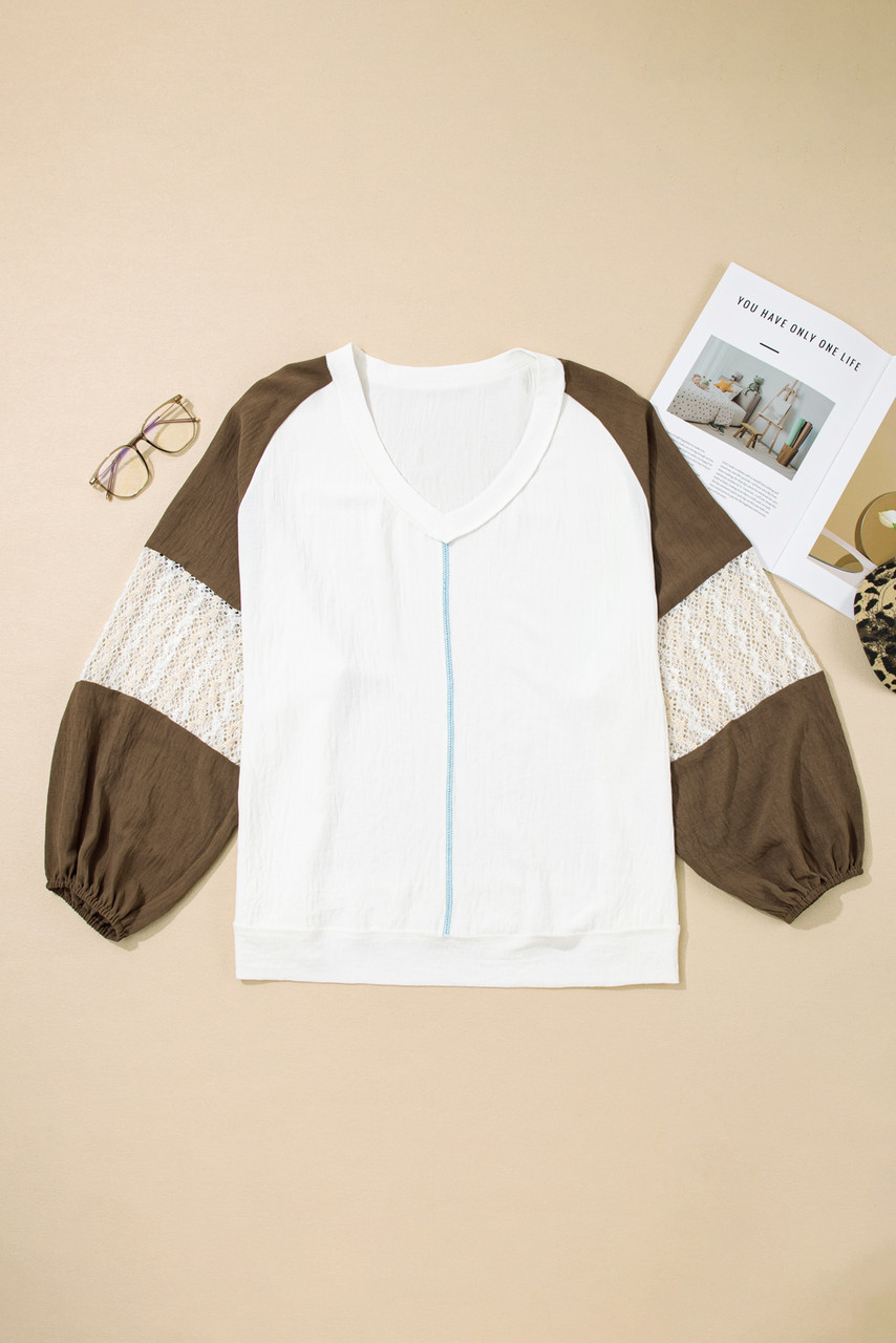 Green Colorblock Lace Patchwork Balloon Sleeve V Neck Plus Size Blouse