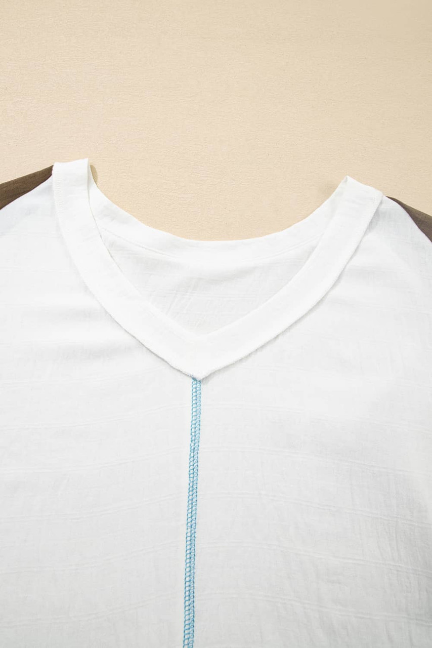 Green Colorblock Lace Patchwork Balloon Sleeve V Neck Plus Size Blouse