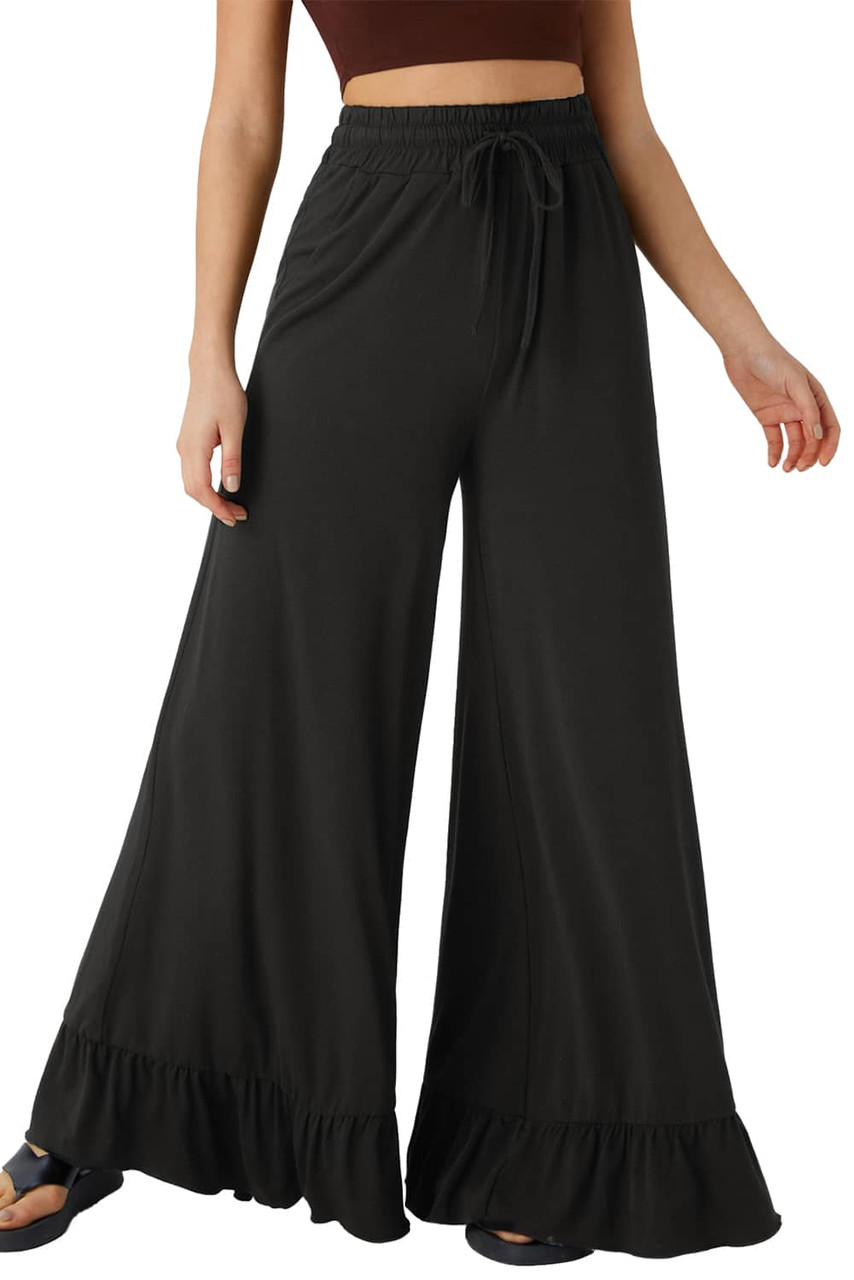 Black Ruffled Wide Leg Pull On High Waist Pants with Pockets