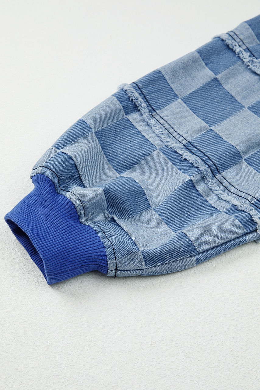 Sky Blue Checkerboard Splicing Raw Detail Oversized Denim Pullover