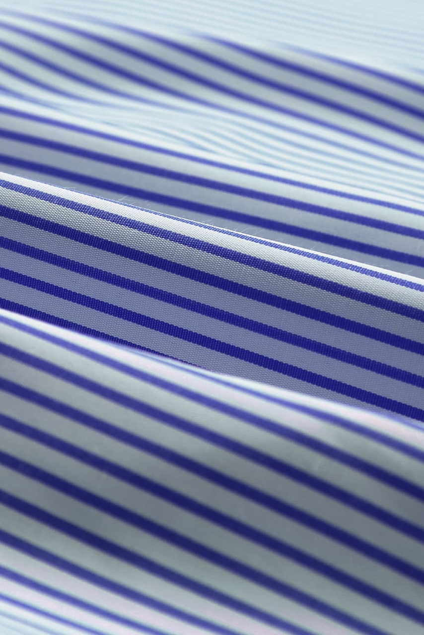 Blue Stripe Smocked Cuffed Striped Boyfriend Shirt with Pocket