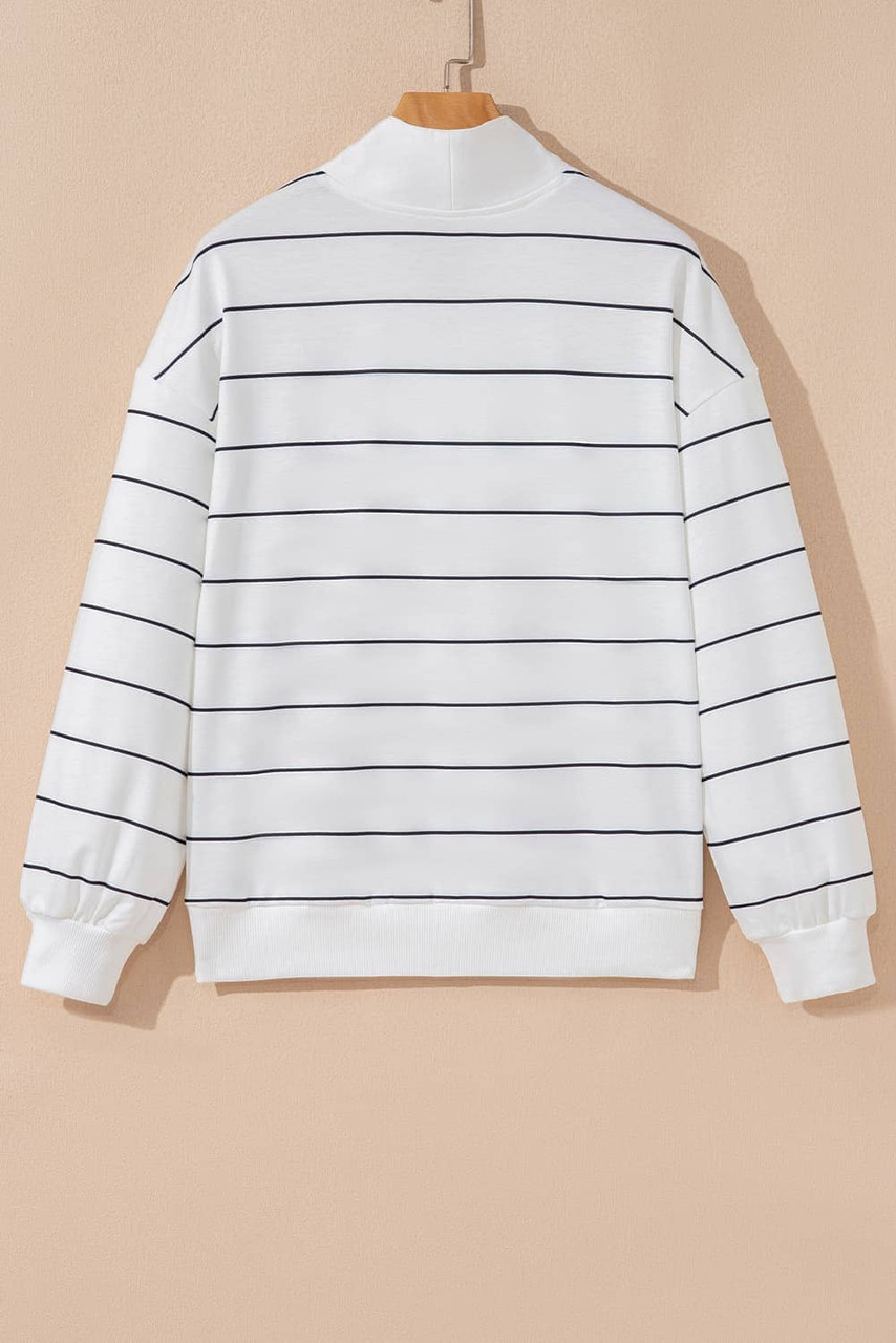 White Zip V Neck Casual Stripe Print Drop Shoulder Long Sleeve Top