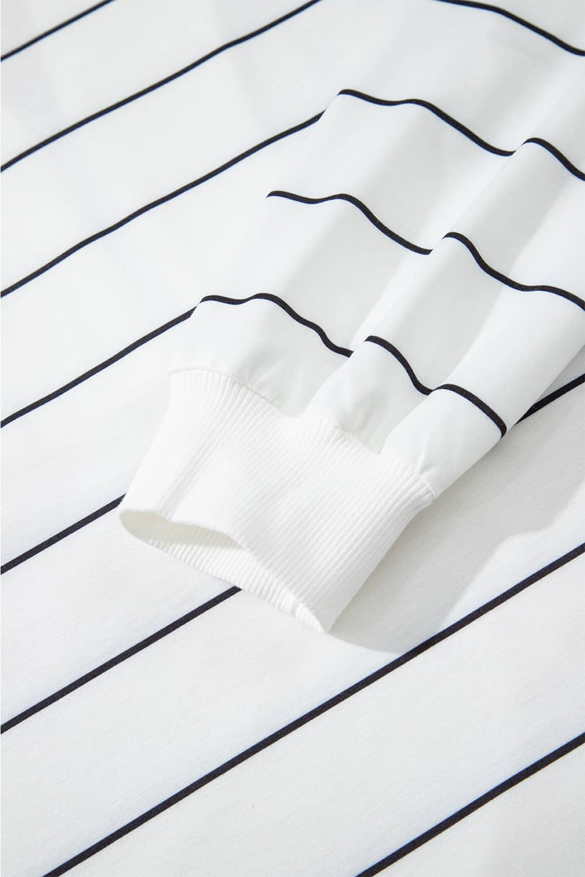 White Zip V Neck Casual Stripe Print Drop Shoulder Long Sleeve Top