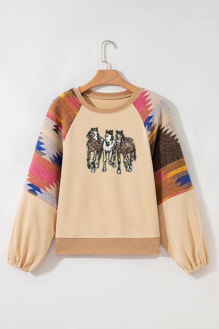 Light French Beige Sequined Western Horses Graphic Aztec Bubble Sleeve Western Fashion Sweatshirt