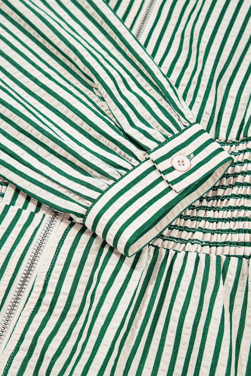 Green Stripe V Neck Zip Front Cinched High Waist Midi Dress