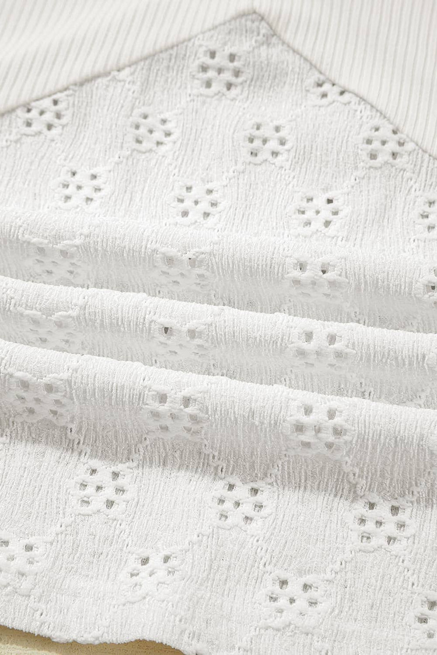 White Twisted Rib Patchwork Embroidered Loose V Neck Long Sleeve Top